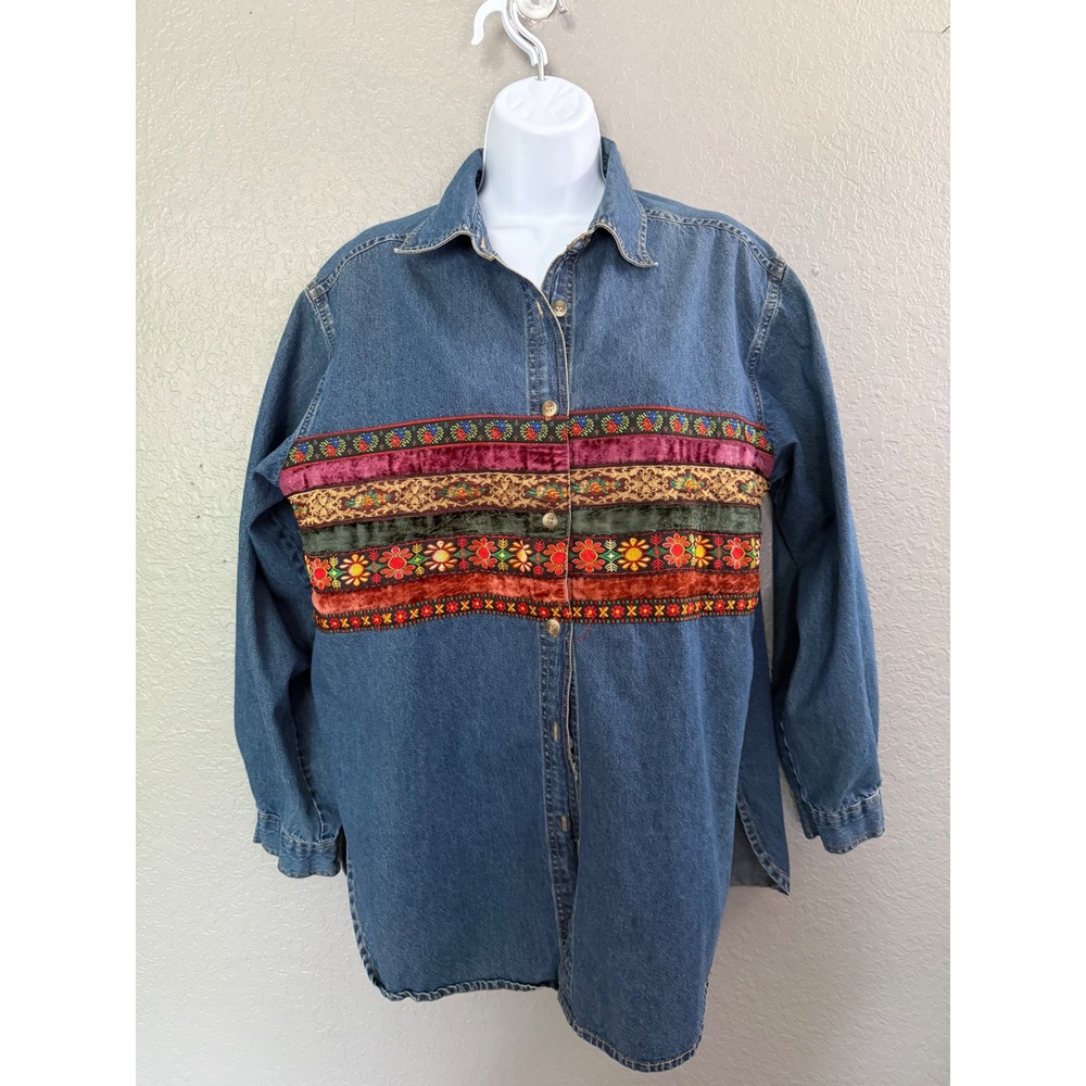 VTG‎ Floral Ribbon Stripe Shirt L  Embroidered Denim Gypsy Cotton Willow Ridge